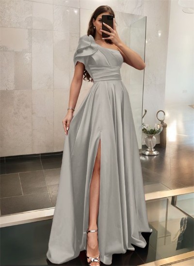 A-Line One-Shoulder Short Sleeves Sweep Train Satin Bridesmaid Dresses With Ruffle