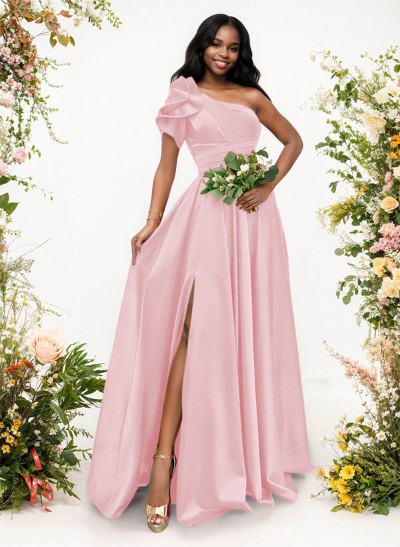 A-Line One-Shoulder Short Sleeves Sweep Train Satin Bridesmaid Dresses With Ruffle