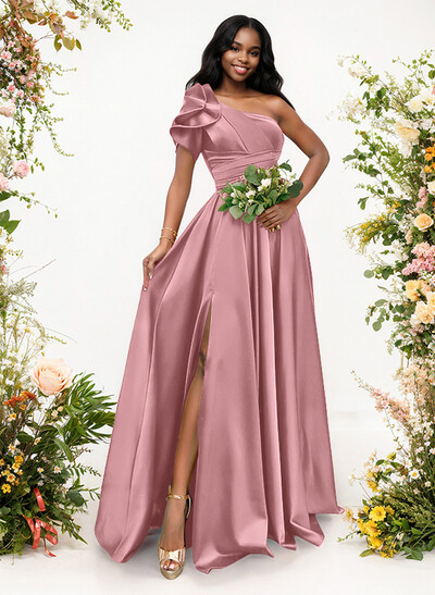 A-Line One-Shoulder Short Sleeves Sweep Train Satin Bridesmaid Dresses With Ruffle