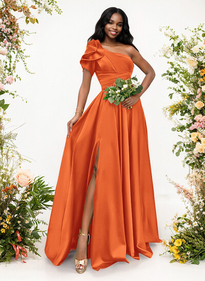 A-Line One-Shoulder Short Sleeves Sweep Train Satin Bridesmaid Dresses With Ruffle