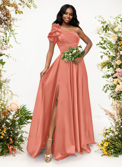A-Line One-Shoulder Short Sleeves Sweep Train Satin Bridesmaid Dresses With Ruffle