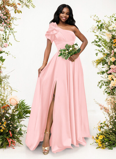A-Line One-Shoulder Short Sleeves Sweep Train Satin Bridesmaid Dresses With Ruffle