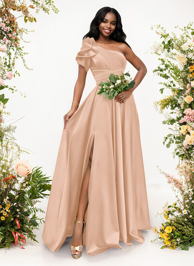 A-Line One-Shoulder Short Sleeves Sweep Train Satin Bridesmaid Dresses With Ruffle