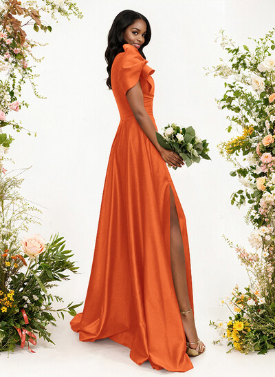 A-Line One-Shoulder Short Sleeves Sweep Train Satin Bridesmaid Dresses With Ruffle