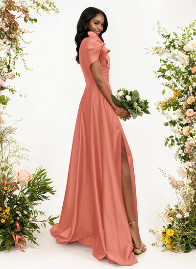 A-Line One-Shoulder Short Sleeves Sweep Train Satin Bridesmaid Dresses With Ruffle