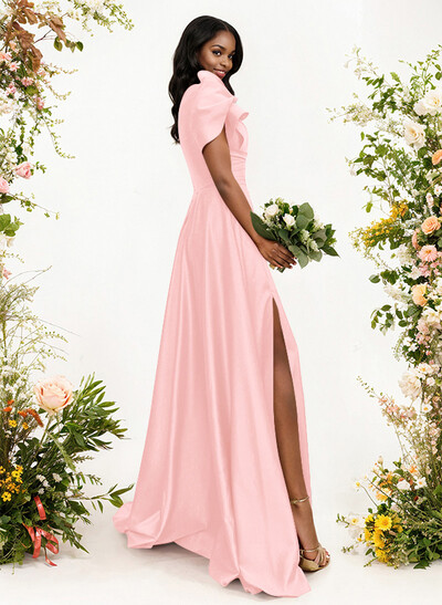A-Line One-Shoulder Short Sleeves Sweep Train Satin Bridesmaid Dresses With Ruffle