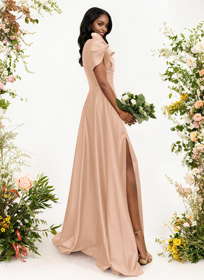 A-Line One-Shoulder Short Sleeves Sweep Train Satin Bridesmaid Dresses With Ruffle