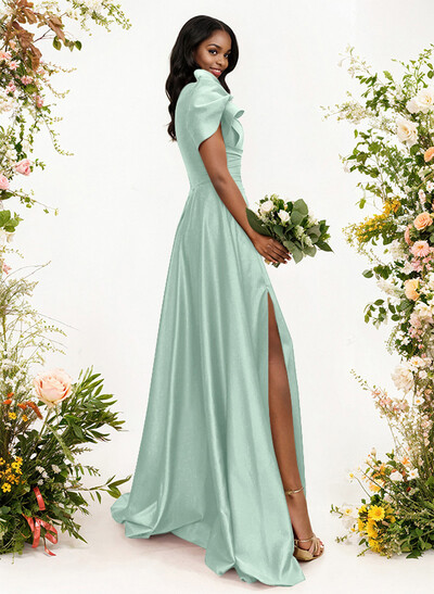 A-Line One-Shoulder Short Sleeves Sweep Train Satin Bridesmaid Dresses With Ruffle