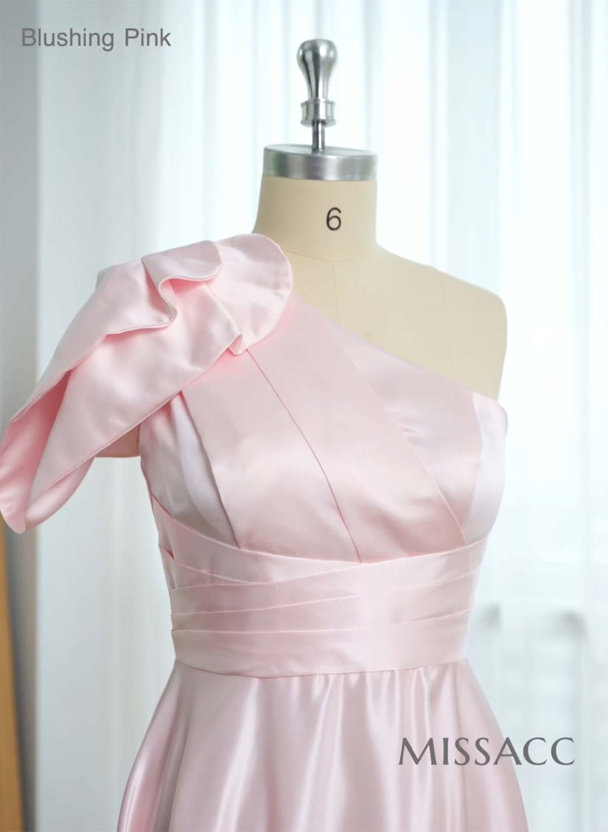 A-Line One-Shoulder Short Sleeves Sweep Train Satin Bridesmaid Dresses With Ruffle