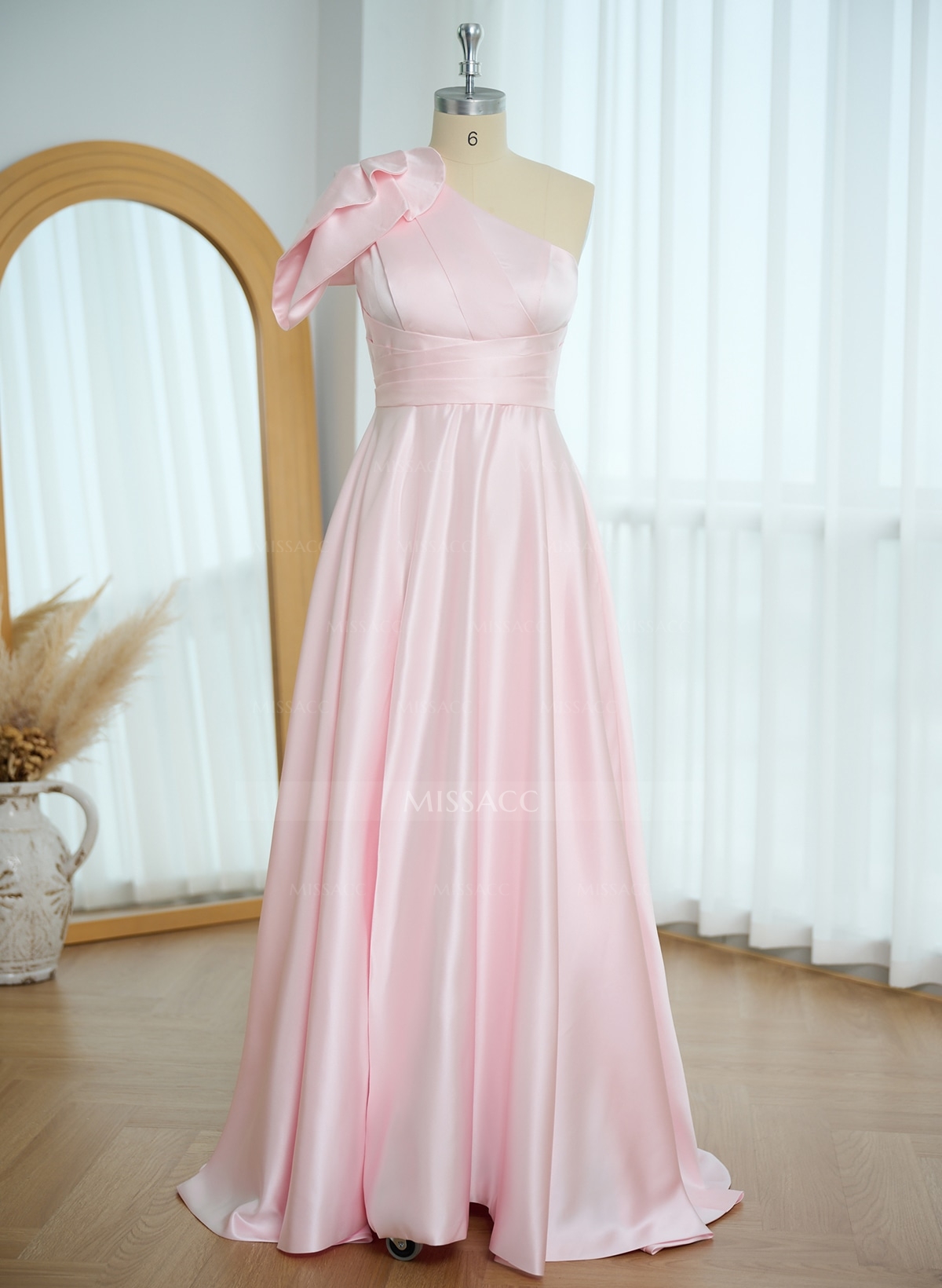 A-Line One-Shoulder Short Sleeves Sweep Train Satin Bridesmaid Dresses With Ruffle