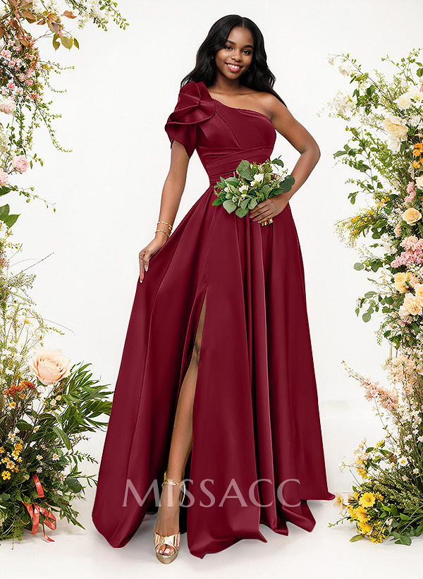 A-Line One-Shoulder Short Sleeves Sweep Train Satin Bridesmaid Dresses With Ruffle A-Line One-Shoulder Short Sleeves Sweep Train Satin Bridesmaid Dresses With Ruffle
