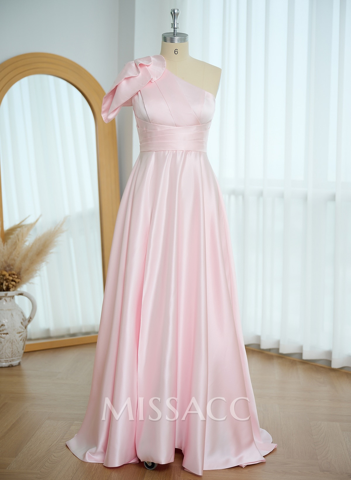 A-Line One-Shoulder Short Sleeves Sweep Train Satin Bridesmaid Dresses With Ruffle A-Line One-Shoulder Short Sleeves Sweep Train Satin Bridesmaid Dresses With Ruffle