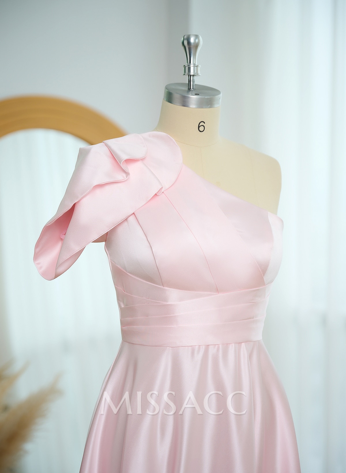A-Line One-Shoulder Short Sleeves Sweep Train Satin Bridesmaid Dresses With Ruffle A-Line One-Shoulder Short Sleeves Sweep Train Satin Bridesmaid Dresses With Ruffle