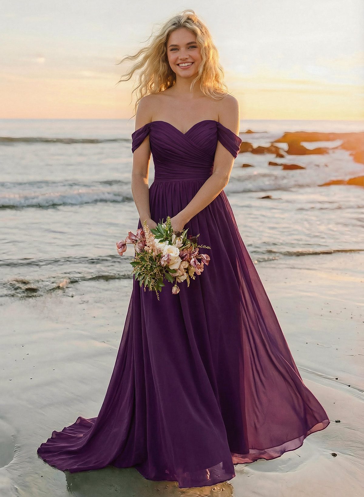 Purple dresses for special occasions - A-Line Off-The-Shoulder Sleeveless Sweep Train Chiffon Bridesmaid Dresses