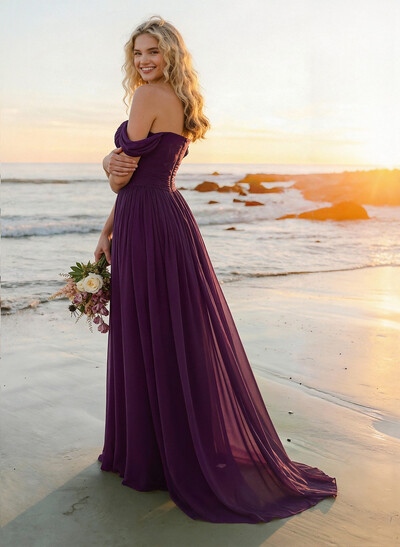 A-Line Off-The-Shoulder Sleeveless Sweep Train Chiffon Bridesmaid Dresses