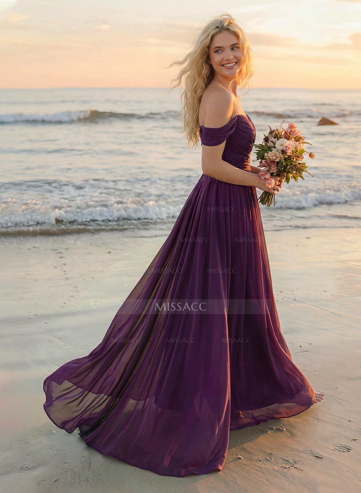 A-Line Off-The-Shoulder Sleeveless Sweep Train Chiffon Bridesmaid Dresses