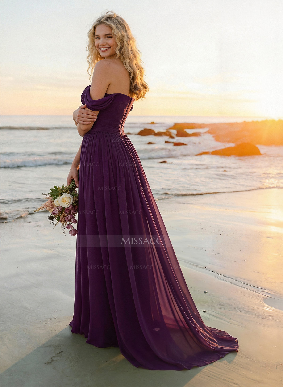 A-Line Off-The-Shoulder Sleeveless Sweep Train Chiffon Bridesmaid Dresses