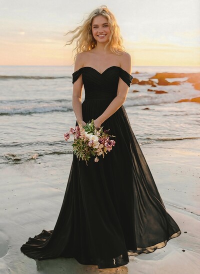 A-Line Off-The-Shoulder Sleeveless Sweep Train Chiffon Bridesmaid Dresses