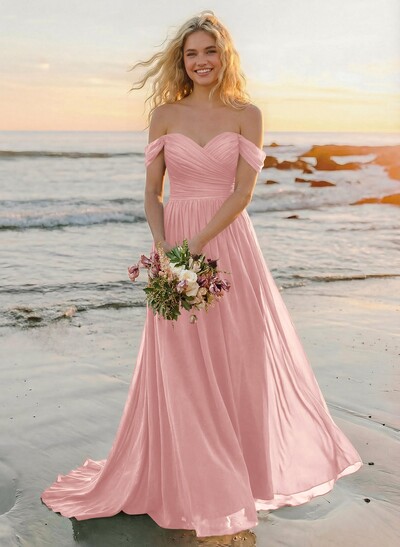 A-Line Off-The-Shoulder Sleeveless Sweep Train Chiffon Bridesmaid Dresses