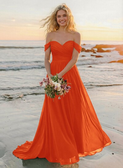 A-Line Off-The-Shoulder Sleeveless Sweep Train Chiffon Bridesmaid Dresses