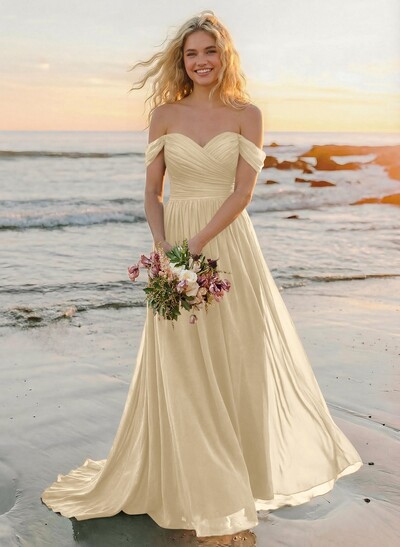 A-Line Off-The-Shoulder Sleeveless Sweep Train Chiffon Bridesmaid Dresses