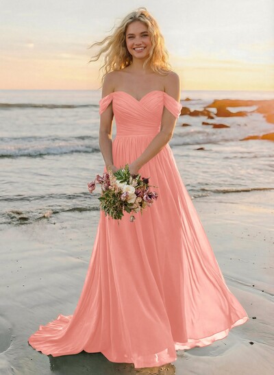 A-Line Off-The-Shoulder Sleeveless Sweep Train Chiffon Bridesmaid Dresses
