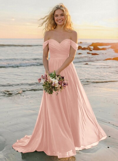 A-Line Off-The-Shoulder Sleeveless Sweep Train Chiffon Bridesmaid Dresses