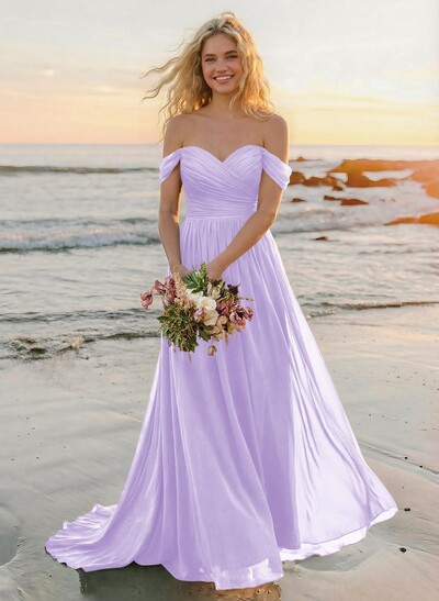 A-Line Off-The-Shoulder Sleeveless Sweep Train Chiffon Bridesmaid Dresses