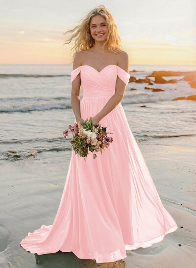 A-Line Off-The-Shoulder Sleeveless Sweep Train Chiffon Bridesmaid Dresses