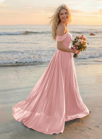 A-Line Off-The-Shoulder Sleeveless Sweep Train Chiffon Bridesmaid Dresses