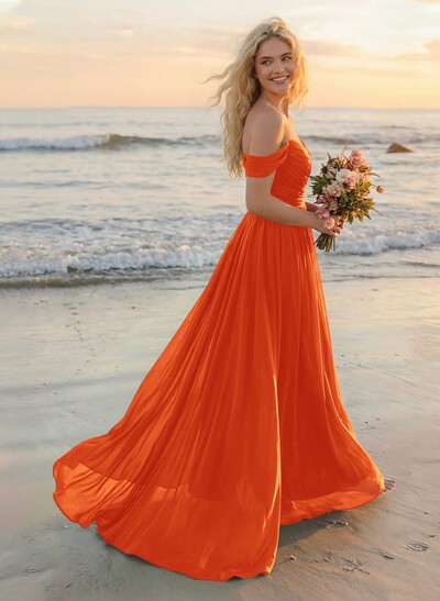 A-Line Off-The-Shoulder Sleeveless Sweep Train Chiffon Bridesmaid Dresses
