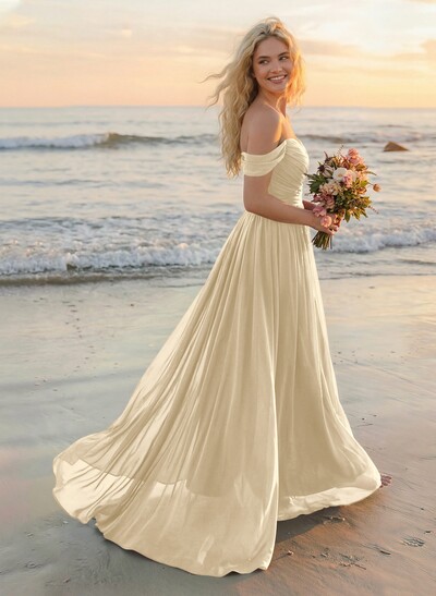 A-Line Off-The-Shoulder Sleeveless Sweep Train Chiffon Bridesmaid Dresses