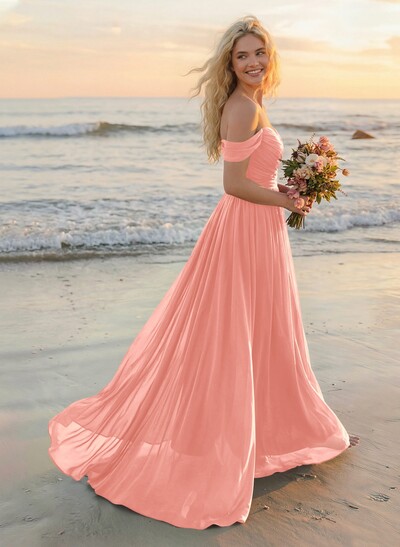 A-Line Off-The-Shoulder Sleeveless Sweep Train Chiffon Bridesmaid Dresses