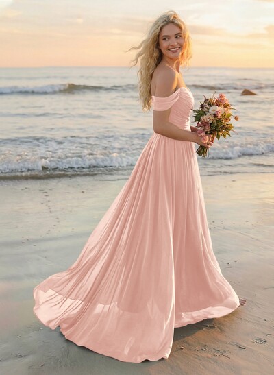 A-Line Off-The-Shoulder Sleeveless Sweep Train Chiffon Bridesmaid Dresses