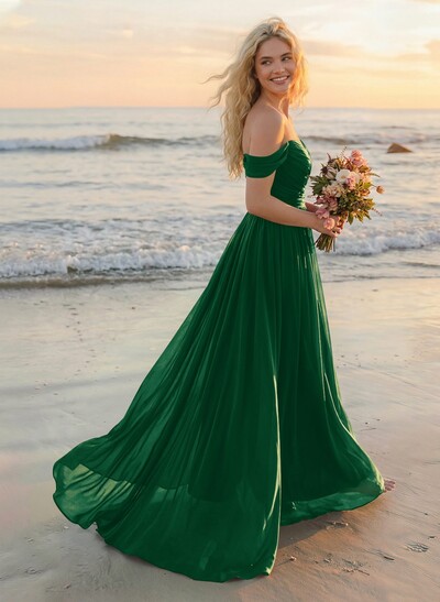 A-Line Off-The-Shoulder Sleeveless Sweep Train Chiffon Bridesmaid Dresses