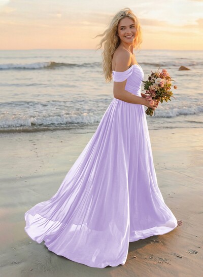 A-Line Off-The-Shoulder Sleeveless Sweep Train Chiffon Bridesmaid Dresses
