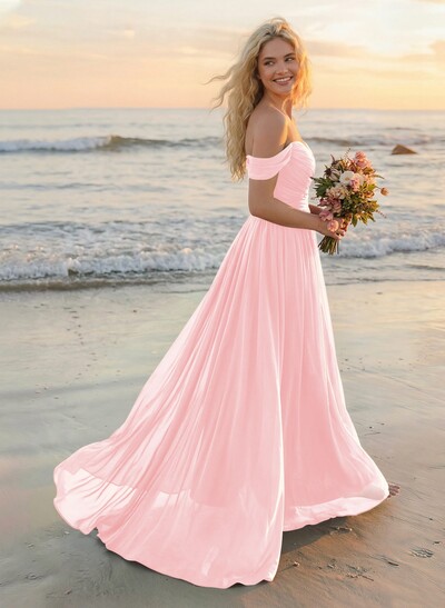A-Line Off-The-Shoulder Sleeveless Sweep Train Chiffon Bridesmaid Dresses