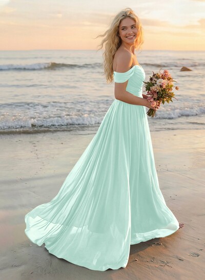 A-Line Off-The-Shoulder Sleeveless Sweep Train Chiffon Bridesmaid Dresses