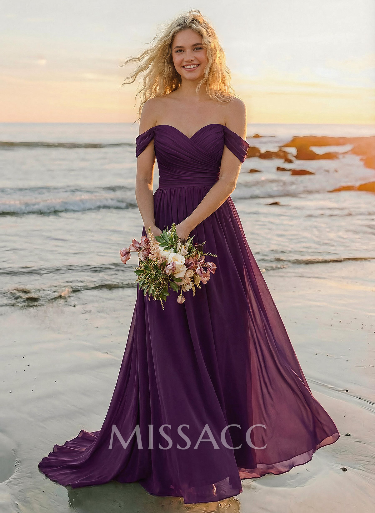 A-Line Off-The-Shoulder Sleeveless Sweep Train Chiffon Bridesmaid Dresses