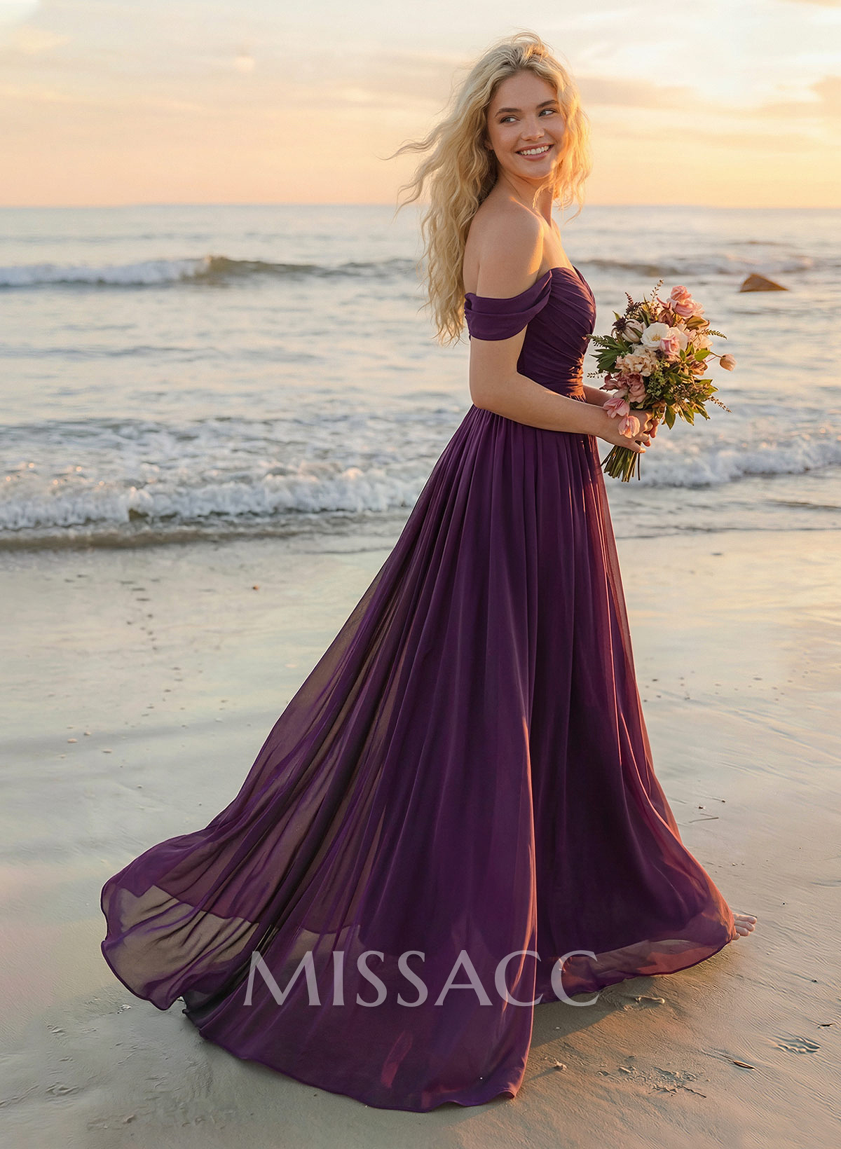 A-Line Off-The-Shoulder Sleeveless Sweep Train Chiffon Bridesmaid Dresses