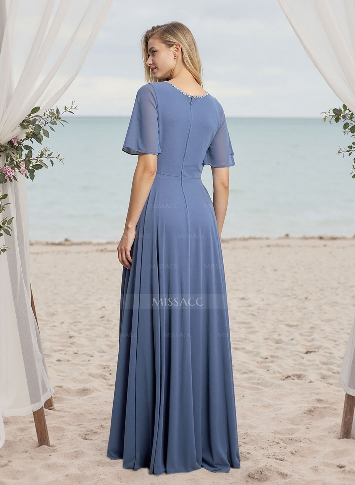 A-Line Scoop Neck Short Sleeves Floor-Length Chiffon Bridesmaid Dresses