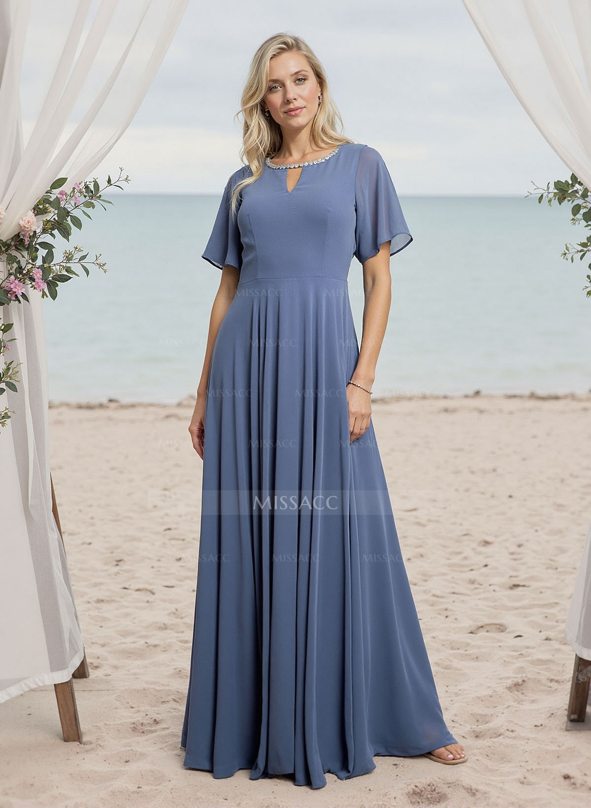 A-Line Scoop Neck Short Sleeves Floor-Length Chiffon Bridesmaid Dresses