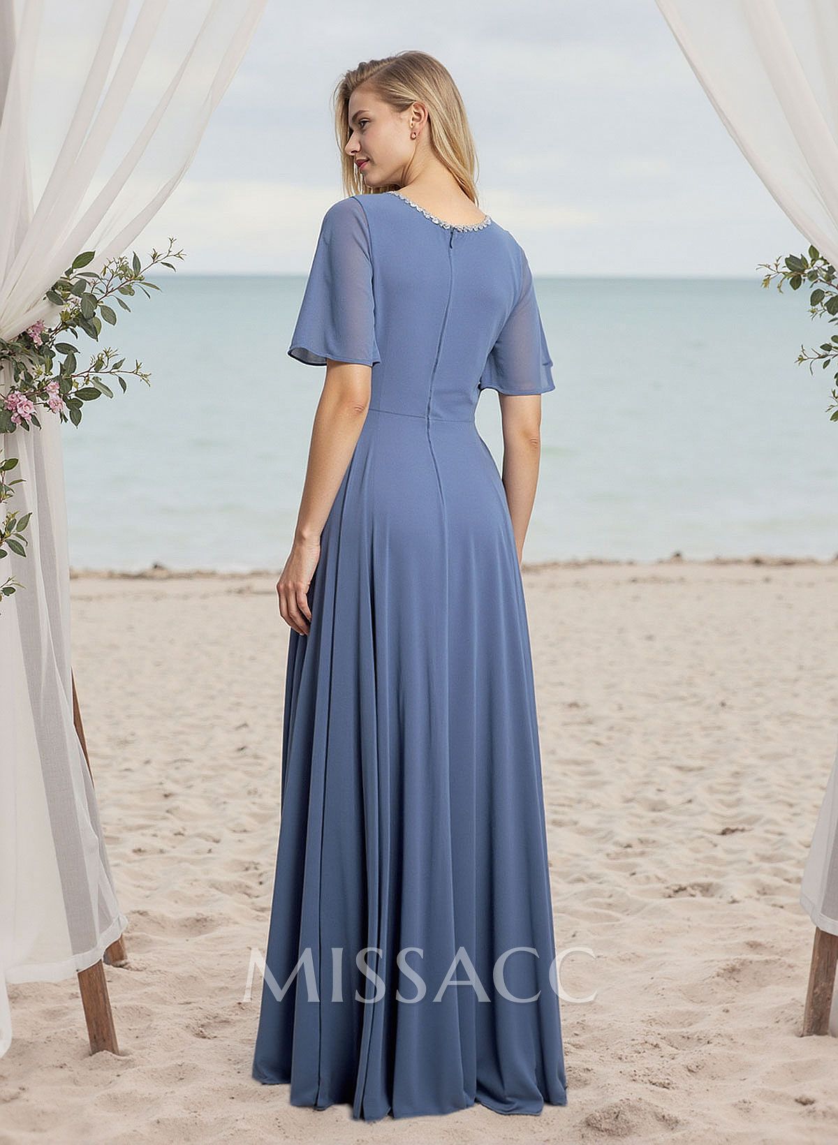 A-Line Scoop Neck Short Sleeves Floor-Length Chiffon Bridesmaid Dresses