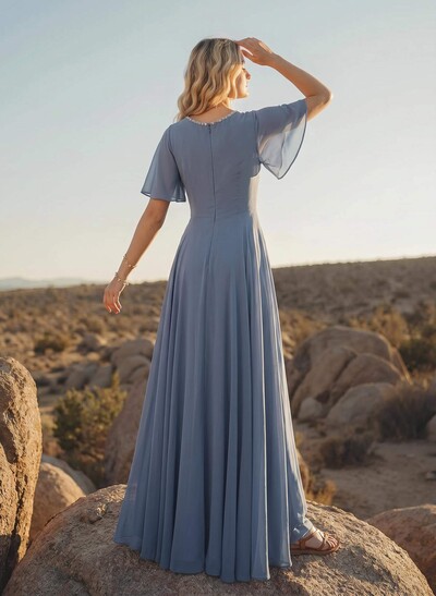 A-Line Scoop Neck Short Sleeves Floor-Length Chiffon Bridesmaid Dresses