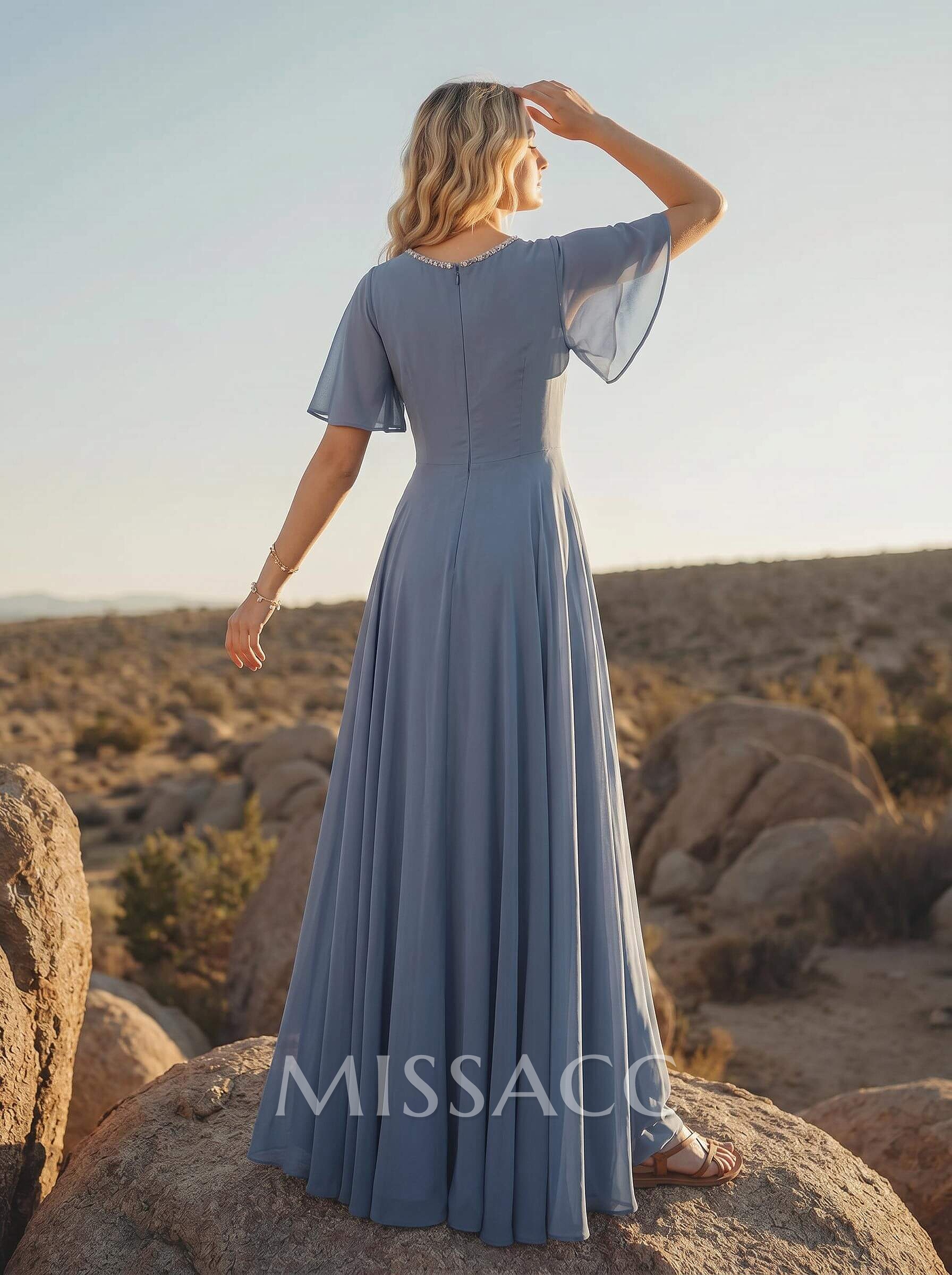 A-Line Scoop Neck Short Sleeves Floor-Length Chiffon Bridesmaid Dresses