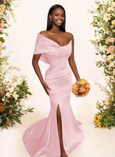 One-Shoulder Sleeveless Sweep Train Satin Bridesmaid Dresses With Split Front