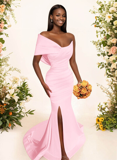One-Shoulder Sleeveless Sweep Train Satin Bridesmaid Dresses With Split Front