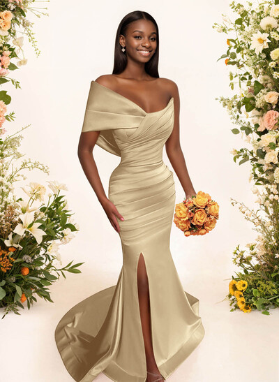 One-Shoulder Sleeveless Sweep Train Satin Bridesmaid Dresses With Split Front