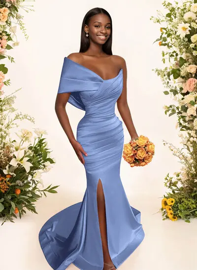 Missacc Trumpet/Mermaid Bridesmaid Dresses One-Shoulder Sweep Train Satin with Split Front Missacc Trumpet/Mermaid Bridesmaid Dresses One-Shoulder Sweep Train Satin with Split Front