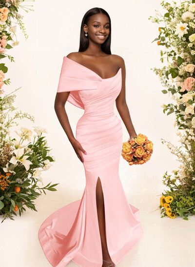 One-Shoulder Sleeveless Sweep Train Satin Bridesmaid Dresses With Split Front